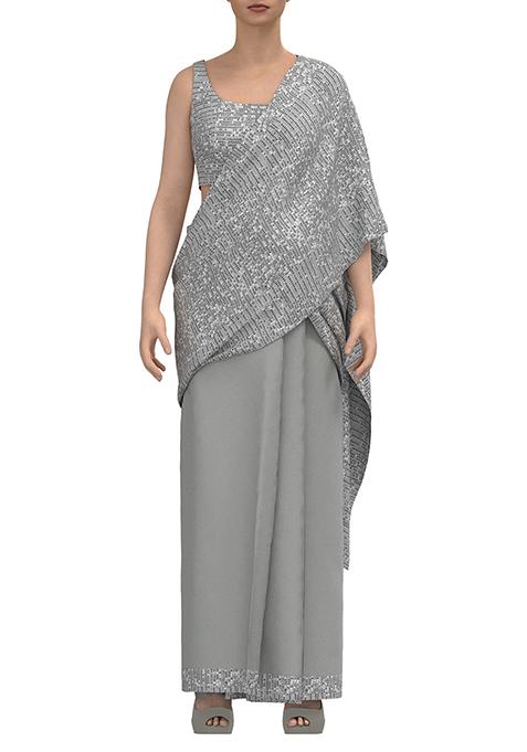 Grey Sequin Stripe Embroidered Pre-Stitched Saree Set With Blouse