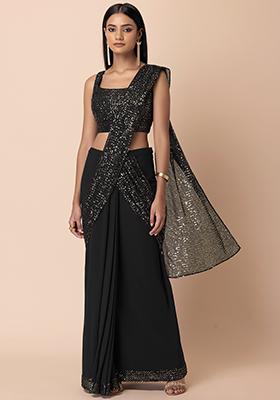 Navy Sequin Embroidered Pre-Stitched Saree Set With Sequin Blouse