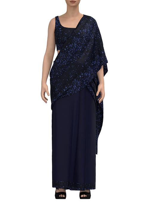 Navy Sequin Embroidered Pre-Stitched Saree Set With Sequin Blouse