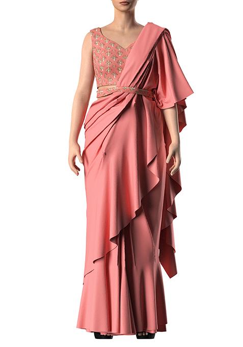 Dusty Pink Ruffled Pre-Stitched Saree Set With Embroidered Blouse And Belt