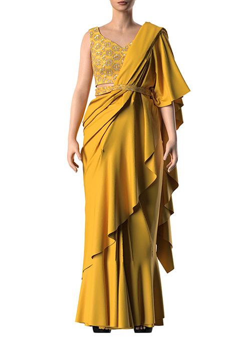Mustard Yellow Ruffled Pre-Stitched Saree Set With Embroidered Blouse And Belt