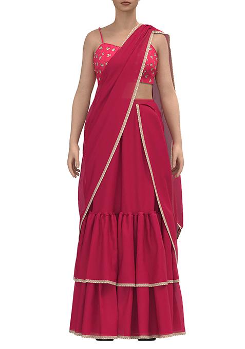 Dark Pink Tiered Pre-Stitched Saree Set With Zari Embroidered Blouse