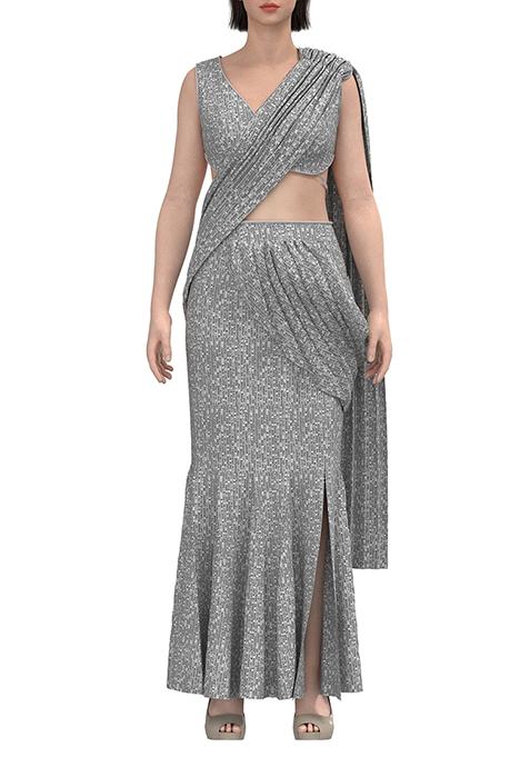 Grey Sequin Thread Embroidered Pre-Stitched Saree Set With Blouse