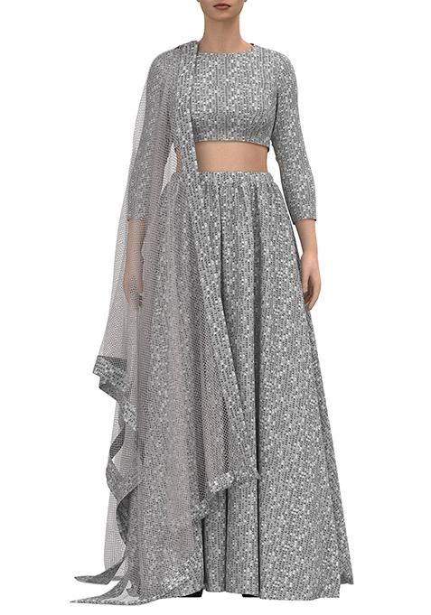 Grey Sequin Thread Embroidered Lehenga Set With Blouse And Dupatta