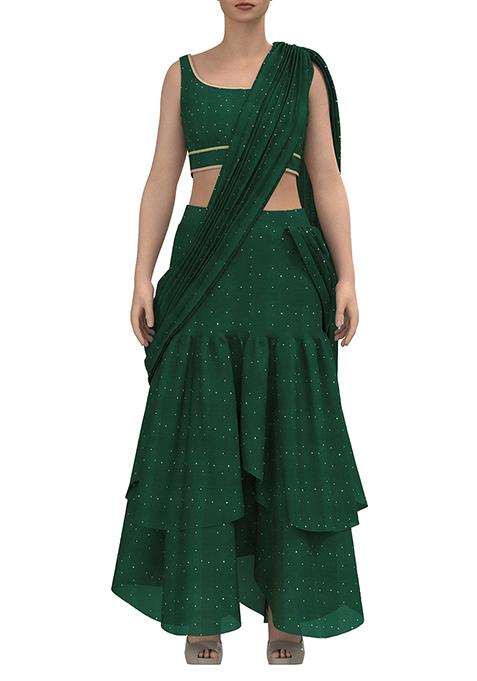 Deep Green Foil Work Pre-Stitched Saree Set With Blouse