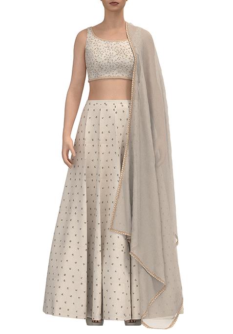Ivory Floral Zari Embroidered Lehenga Set With Embroidered Blouse And Dupatta