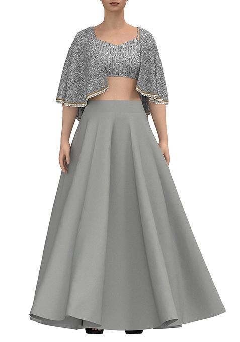 Grey Lehenga Set With Sequin Embroidered Blouse And Cape