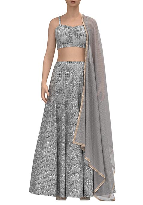 Grey Sequin Lehenga Set With Strappy Blouse And Dupatta