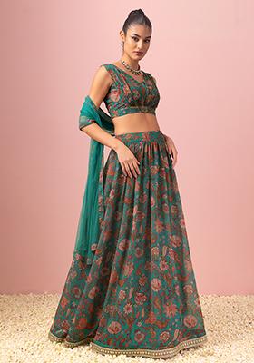 Mint Green And Orange Floral Print Lehenga Set With Blouse And Mesh Dupatta