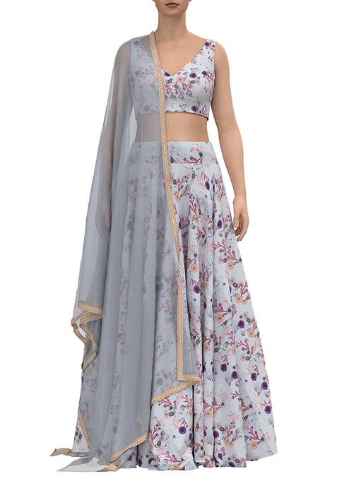 Mint Green Floral Print Lehenga Set With Blouse And Dupatta