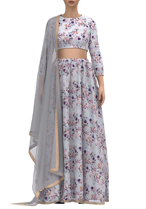 Mint Green Floral Print Lehenga Set With Full Sleeve Blouse And Dupatta