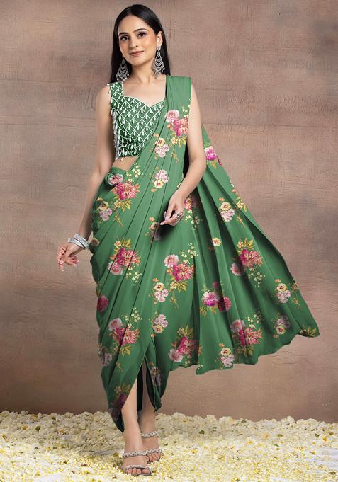 Green Pre-Stitched Saree Set With Pearl Hand Embroidered Blouse