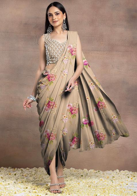 Beige Pre-Stitched Saree Set With Pearl Hand Embroidered Blouse