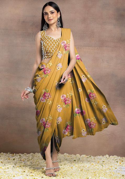 Mustard Pre-Stitched Saree Set With Pearl Hand Embroidered Blouse