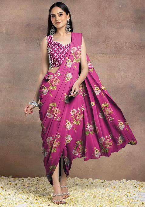 Rani Pink Pre-Stitched Saree Set With Pearl Hand Embroidered Blouse