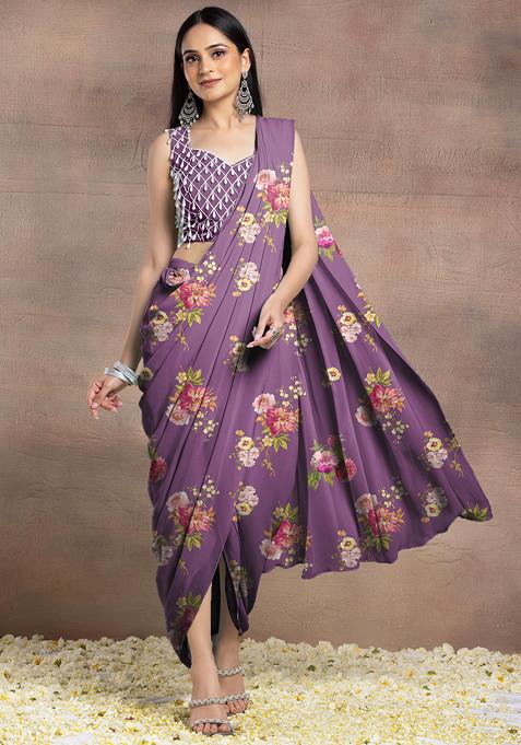 Light Purple Pre-Stitched Saree Set With Pearl Hand Embroidered Blouse