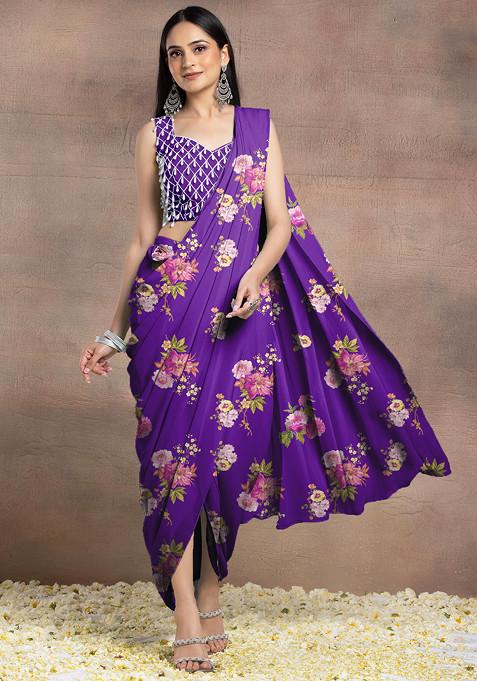 Purple Pre-Stitched Saree Set With Pearl Hand Embroidered Blouse