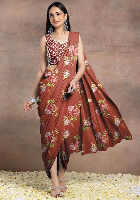 Maroon Pre-Stitched Saree Set With Pearl Hand Embroidered Blouse