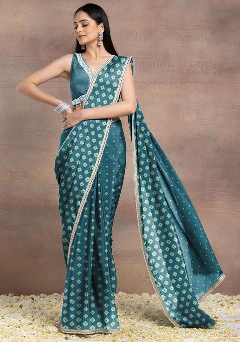 Teal Blue Pearl Hand Embellished Pre-Stitched Saree Set With Embroidered Blouse