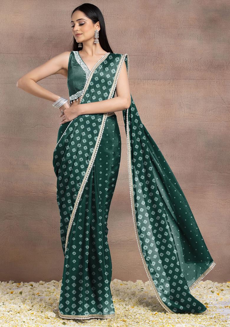 Dark Green Pearl Hand Embellished Pre-Stitched Saree Set With Embroidered Blouse