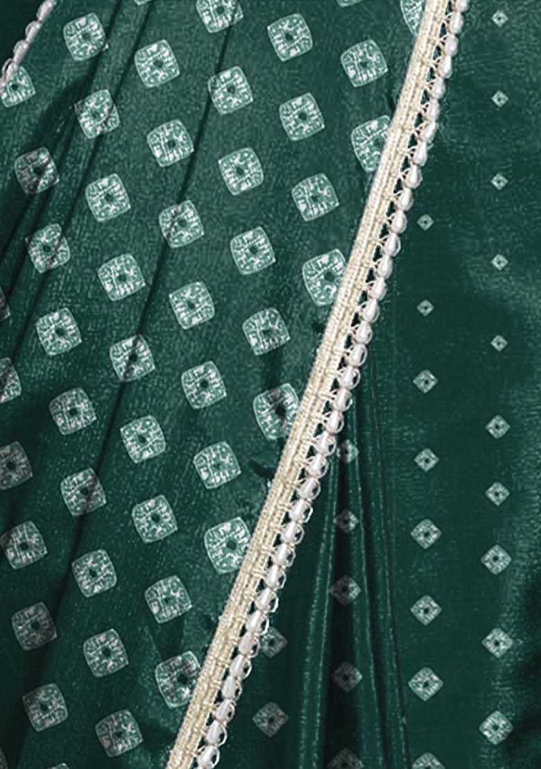 Dark Green Pearl Hand Embellished Pre-Stitched Saree Set With Embroidered Blouse