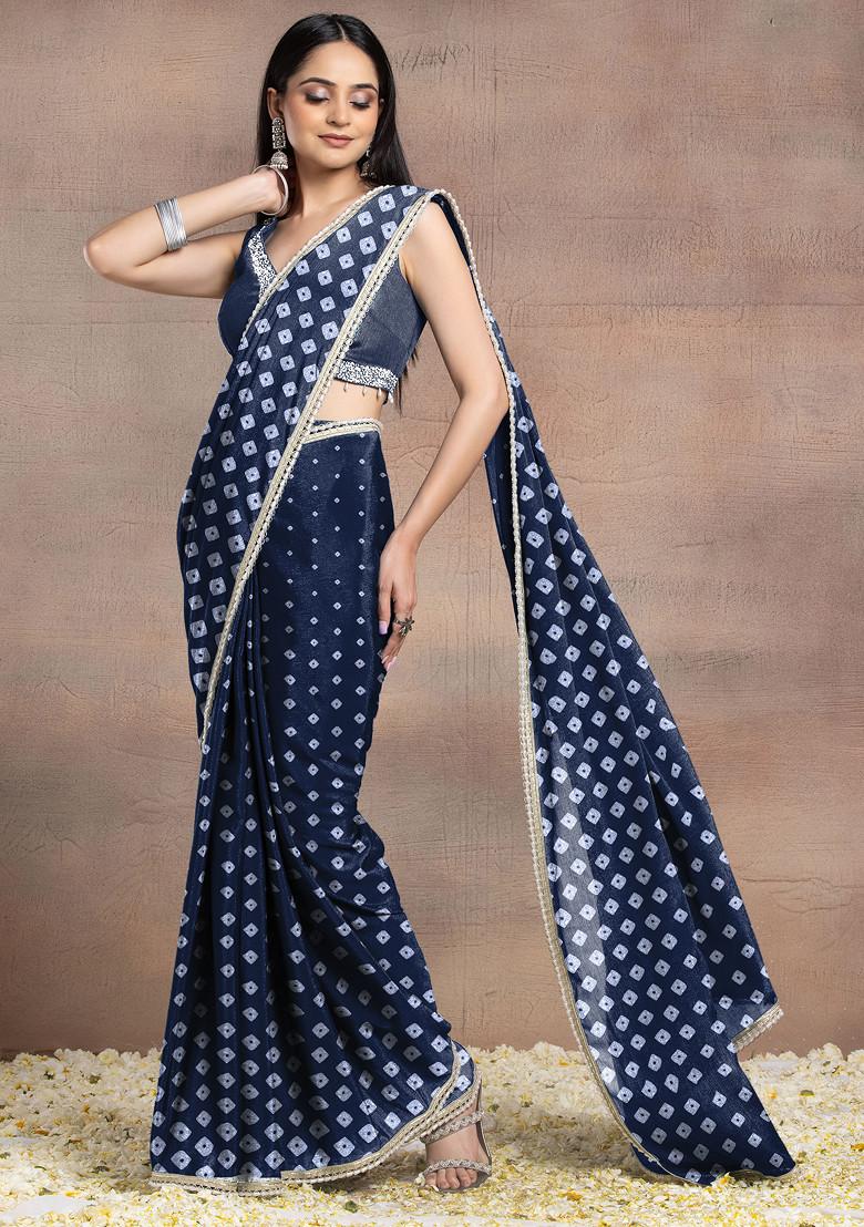 Navy Blue Pearl Hand Embellished Pre-Stitched Saree Set With Embroidered Blouse