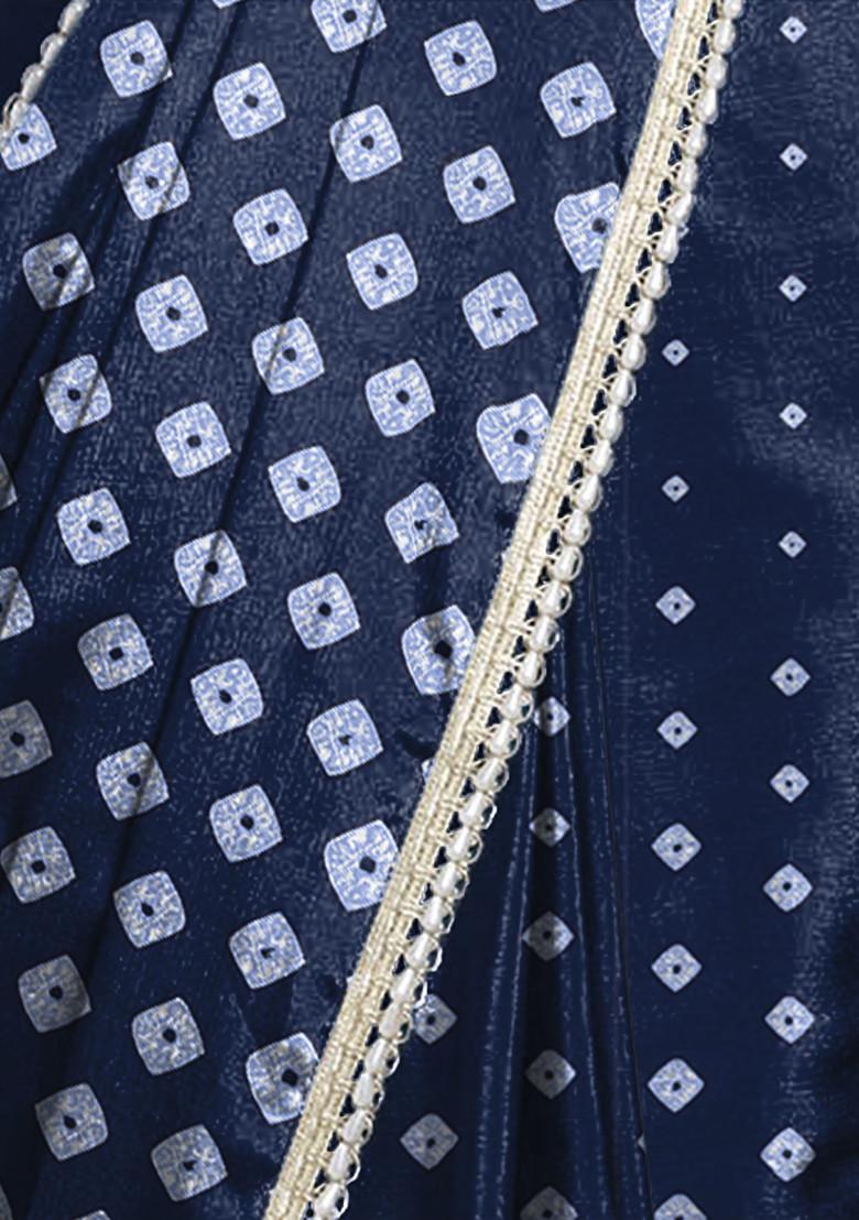 Navy Blue Pearl Hand Embellished Pre-Stitched Saree Set With Embroidered Blouse