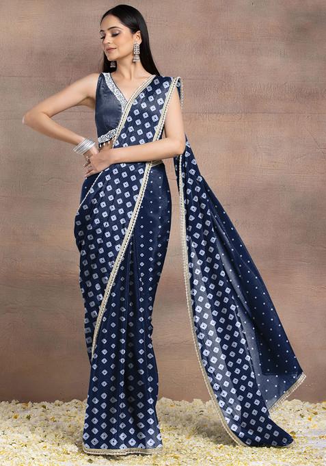 Navy Blue Pearl Hand Embellished Pre-Stitched Saree Set With Embroidered Blouse