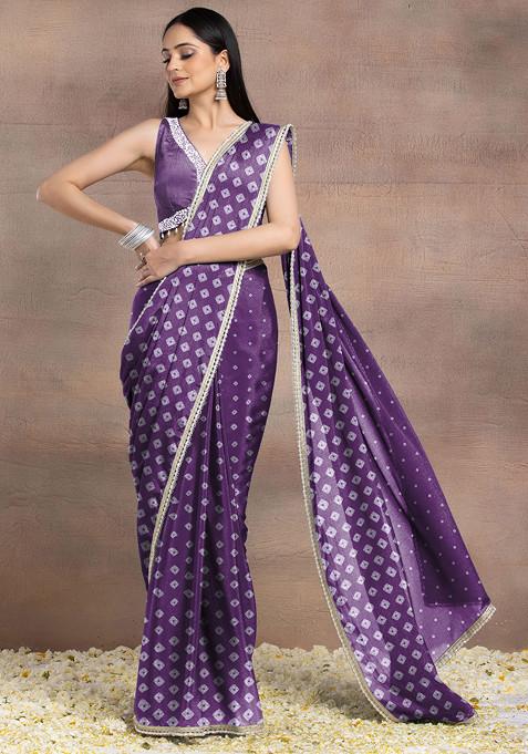 Purple Pearl Hand Embellished Pre-Stitched Saree Set With Embroidered Blouse