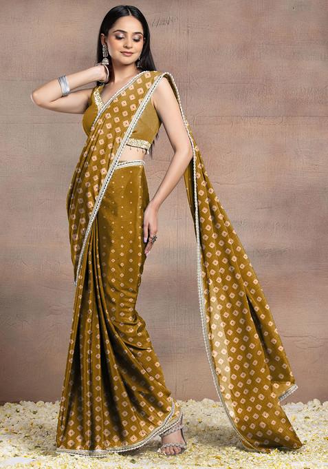 Yellow Pearl Hand Embellished Pre-Stitched Saree Set With Embroidered Blouse