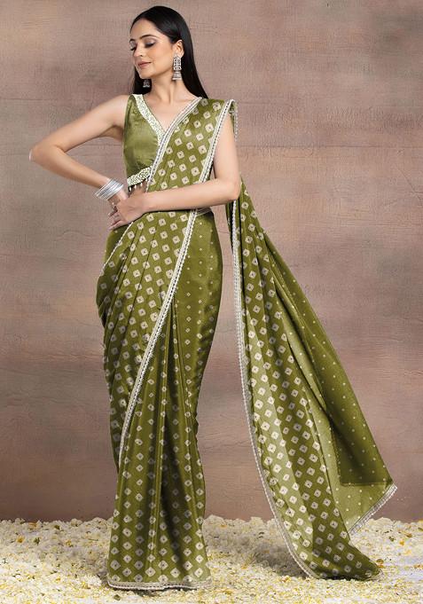 Green Pearl Hand Embellished Pre-Stitched Saree Set With Embroidered Blouse