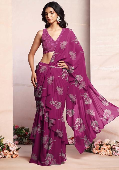 Fuchsia Pink Ruffled Pre-Stitched Saree Set With Thread Hand Embroidered Blouse