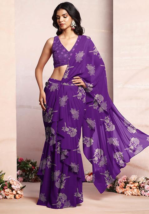 Purple Ruffled Pre-Stitched Saree Set With Thread Hand Embroidered Blouse