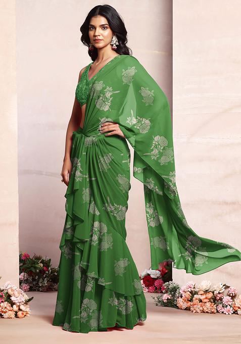 Light Green Ruffled Pre-Stitched Saree Set With Thread Hand Embroidered Blouse