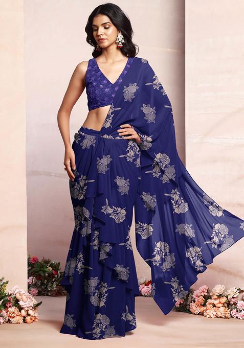 Blue Ruffled Pre-Stitched Saree Set With Thread Hand Embroidered Blouse