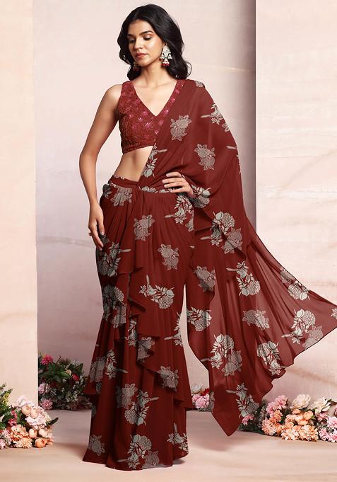 Brown Ruffled Pre-Stitched Saree Set With Thread Hand Embroidered Blouse