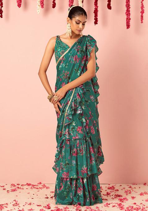 Green Floral Print Ruffled Pre-Stitched Saree Set With Hand Embroidered Blouse