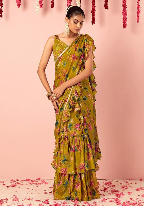 Yellow Floral Print Ruffled Pre-Stitched Saree Set With Hand Embroidered Blouse