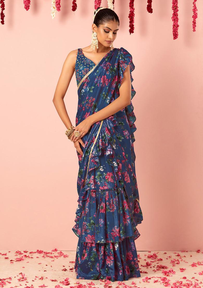 Purple Printed Ruffled Pre-Stitched Saree Set With Hand Embroidered Blouse