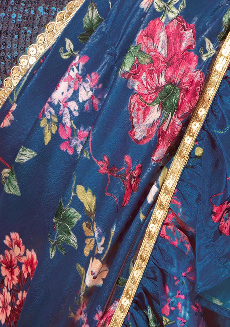 Purple Printed Ruffled Pre-Stitched Saree Set With Hand Embroidered Blouse