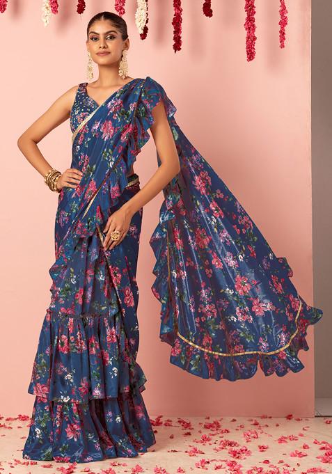 Purple Printed Ruffled Pre-Stitched Saree Set With Hand Embroidered Blouse