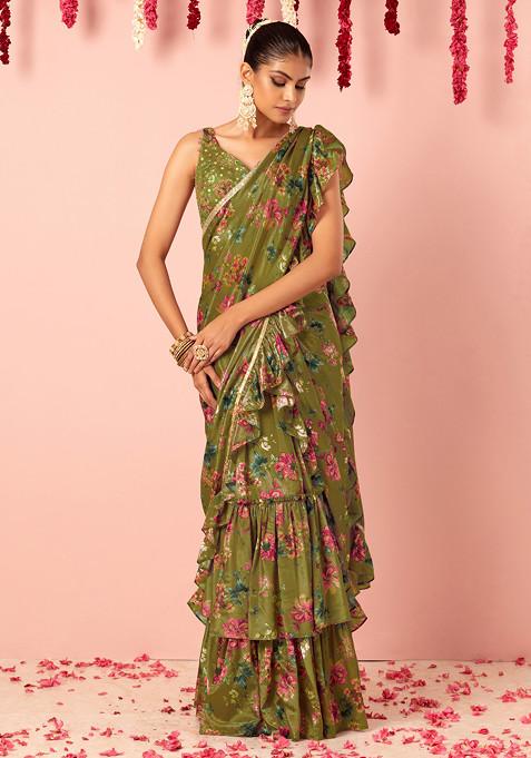 Green Printed Ruffled Pre-Stitched Saree Set With Hand Embroidered Blouse