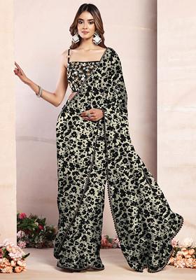 Black Satin Pre-Stitched Saree Set With Black Sequin Hand Embroidered Blouse