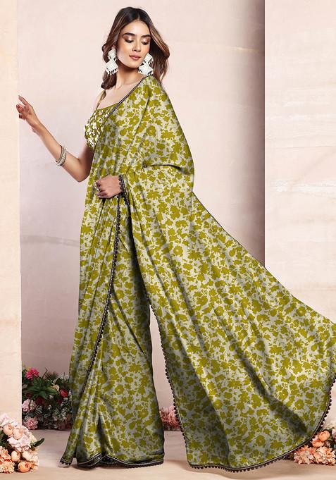 Green Pre-Stitched Saree Set With Black Sequin Hand Embroidered Blouse