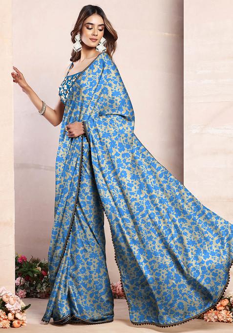 Blue Pre-Stitched Saree Set With Black Sequin Hand Embroidered Blouse