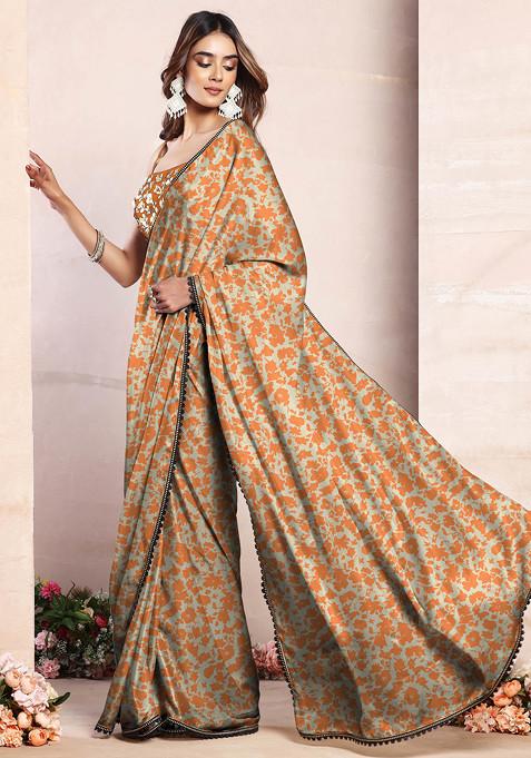 Orange Pre-Stitched Saree Set With Black Sequin Hand Embroidered Blouse