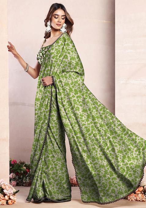 Green Pre-Stitched Saree Set With Black Hand Embroidered Blouse