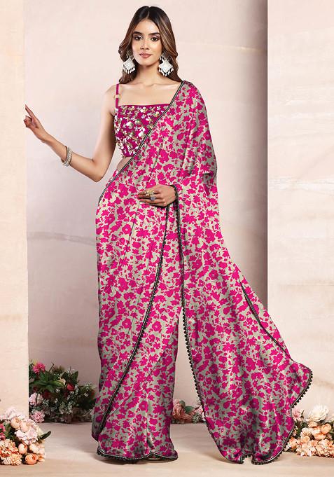 Pink Pre-Stitched Saree Set With Black Hand Embroidered Blouse