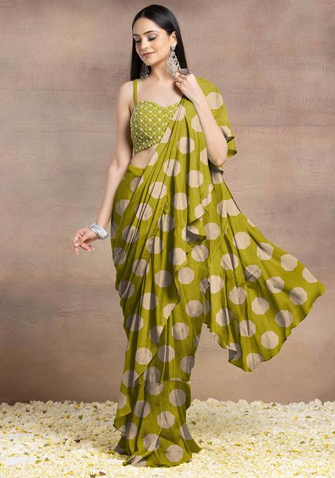 Green Pre-Stitched Saree Set With Grid Embroidered Blouse