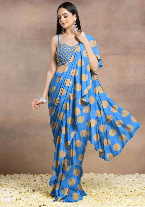 Blue Pre-Stitched Saree Set With Pearl Hand Embroidered Blouse